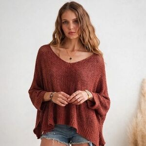 ADORA Scoop-Neck Open Knit Sweater in Rust/Maroon Sz Med